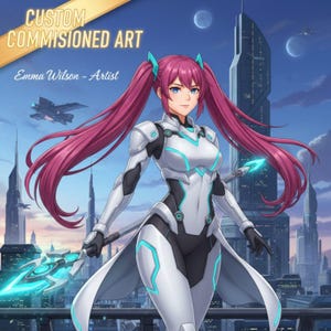 May include: Digital artwork of a female anime character in a futuristic setting. The character has pink hair, blue eyes, and wears a white and black suit with teal accents. The image includes the text "CUSTOM COMMISSIONED ART" and "Emma Wilson - Artist".