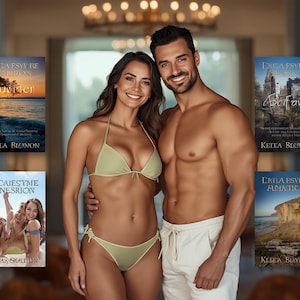 May include: A collection of eight book covers featuring various landscape and portrait illustrations, displayed alongside a smiling couple in swimwear. The books display titles and author names in stylised fonts against scenic backgrounds.