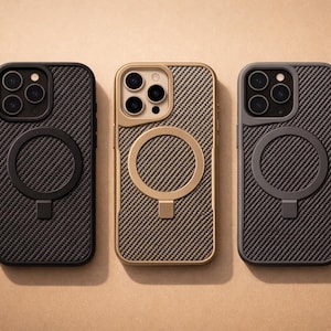 May include: Three phone cases with a textured design. The cases are black, gold, and gray, each featuring a circular magnetic attachment. The cases have a camera cutout for multiple lenses.
