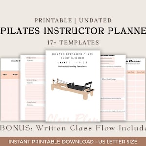 Puede incluir: Un planificador de instructores de Pilates con el texto "Imprimible | Sin fecha Planificador de instructores de Pilates" y "17+ plantillas". El planificador incluye plantillas para la planificación de clases, notas de reflexión y un creador de flujo de clases de Pilates Reformer.