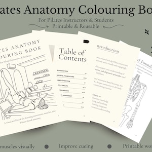 May include: A Pilates Anatomy Coloring Book for instructors and students. The cover features a line drawing of a person doing Pilates. The book includes a table of contents and anatomical illustrations. The book is printable and reusable.