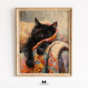 Cuadro de un acogedor gato negro durmiendo sobre una colcha de retazos, arte mural de estilo cottagecore, decoración cálida de granja, arte para uso comercial, descarga instantánea.