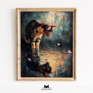 Moody Tabby Cat Reflection Art, Whimsical Painterly Style (Digital Download)