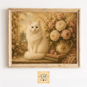 Kungligt porträtt av vit katt, vintage blommålning med böcker (digital nedladdning)
