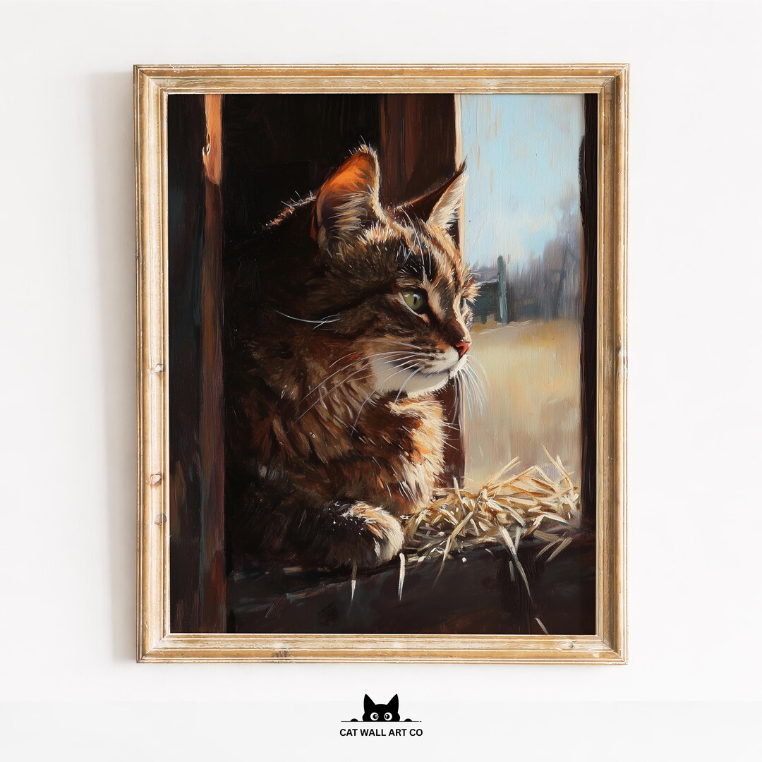 Tabby Cat Art Print | Rustic Farmhouse Windowsill | Cozy Cat Wall Decor ...