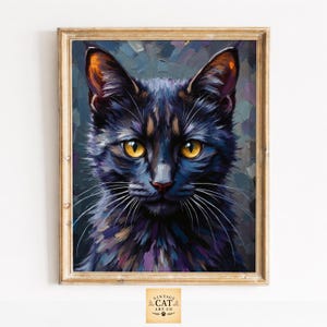 Ritratto espressionista di gatto nero dagli occhi dorati / Opera d'arte murale suggestiva e drammatica (Download digitale)