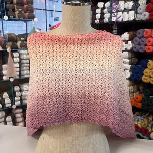May include: A crocheted shawl on a mannequin. The shawl has a colour gradient, starting with a light pink at the top and fading to a deeper pink at the bottom. The open weave pattern is clearly visible.