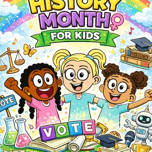 May include: A vibrant cartoon promoting Women's History Month for Kids. The image shows three diverse girls, a rainbow, and symbols like books, a gavel, and a robot. The text includes 'Women's History Month' and 'Vote'.