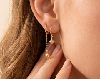 Pendientes colgantes de estrella chapados en oro de 18 quilates, delicados pendientes de aro celestiales, pendientes de estrella con cadena de oro, regalo de joyería minimalista para el día a día para ella.