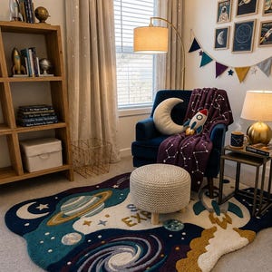 Könnte beinhalten: Ein Weltraum-Teppich mit einer Galaxie, Planeten und einer Rakete mit dem Text EXPLORE. Der Teppich hat eine dunkelblaue, türkisfarbene und goldene Farbpalette mit einer weichen, getufteten Textur und liegt auf einem hellen Teppichboden.