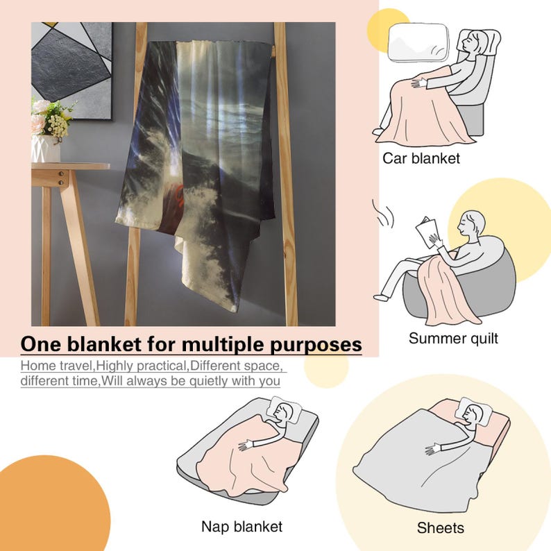 Puede incluir: Una manta rectangular con un estampado de olas oce&aacute;nicas oscuras y tormentosas, colgada sobre una escalera de madera. La imagen incluye el texto One blanket for multiple purposes e ilustra su uso como manta de coche, edred&oacute;n de verano, manta de siesta y s&aacute;banas.