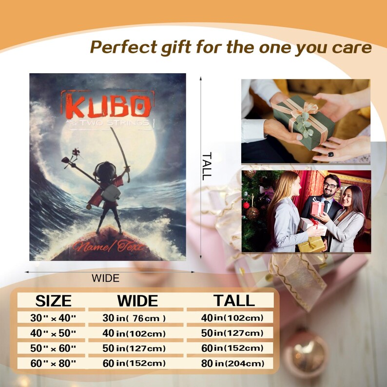 Puede incluir: Una manta rectangular con un gr&aacute;fico de Kubo y las dos cuerdas, una escena oce&aacute;nica a la luz de la luna, un personaje con espada y texto personalizable. Una tabla muestra dimensiones desde 76 cm por 102 cm hasta 152 cm por 204 cm.