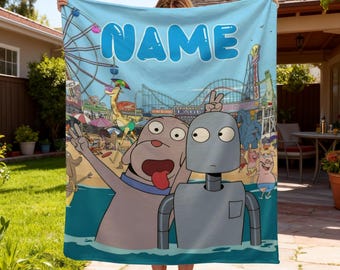Custom Robot Dreams Blanket, Personalized Name Gift for Kids, Cute Dog and Robot Flannel Throw