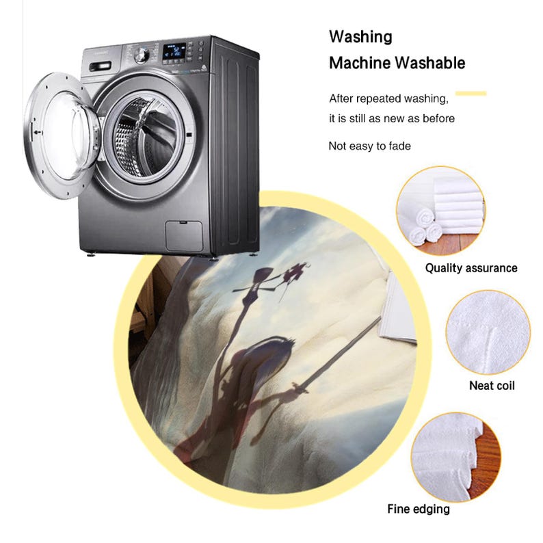 Puede incluir: Una lavadora de carga frontal gris y un recuadro circular que muestra una manta con la silueta de una persona sosteniendo una espada. El texto incluye Washing, Machine Washable, After repeated washing, it is still as new as before, Not easy to fade, Quality assurance, Neat coil y Fine edging.
