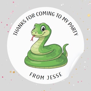 May include: A circular white sticker featuring a cartoon green snake with a red tongue. The text "THANKS FOR COMING TO MY PARTY" is printed in black along the top curve, and the text "FROM JESSE" is printed in black along the bottom curve.