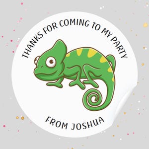 May include: A round white sticker featuring a cartoon green chameleon with yellow spots. The text "THANKS FOR COMING TO MY PARTY" is arched above the chameleon, and the text "FROM JOSHUA" is printed in a straight line below the illustration.