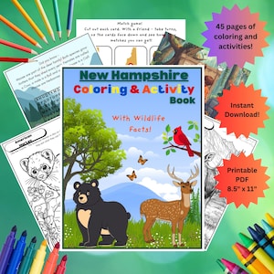 Puede incluir: Un libro para colorear y actividades de New Hampshire con datos sobre la vida silvestre, con un oso negro, un ciervo y un cardenal. Incluye 45 páginas para colorear y actividades, PDF imprimible y descarga instantánea. El libro mide 21,59 cm x 27,94 cm.