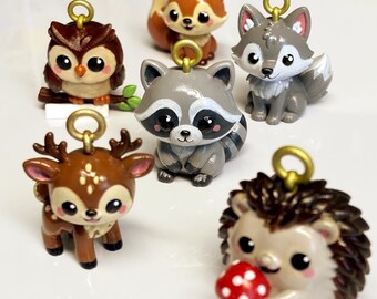 Cute Animal Keychain, Hand Painted Resin Charm, Kawaii Forest Animals, Fox Raccoon Hedgehog Deer Owl Wolf, Gift for Her, Bag Charm