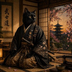 Könnte beinhalten: Eine schwarze Katze in traditioneller japanischer Samurai-Kleidung, komplett mit Katana. Die Katze sitzt in einem Raum mit japanischer Einrichtung, darunter ein Bonsai-Baum, eine Laterne und eine Schriftrolle mit japanischen Schriftzeichen. Der Hintergrund zeigt eine Pagode und Kirschblüten.