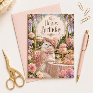 May include: A greeting card with the words "Happy Birthday" features a white cat in a pink hat and cape, seated at a table with a cake and flowers. The card is inside a pink envelope, with a pink pen and gold scissors nearby.
