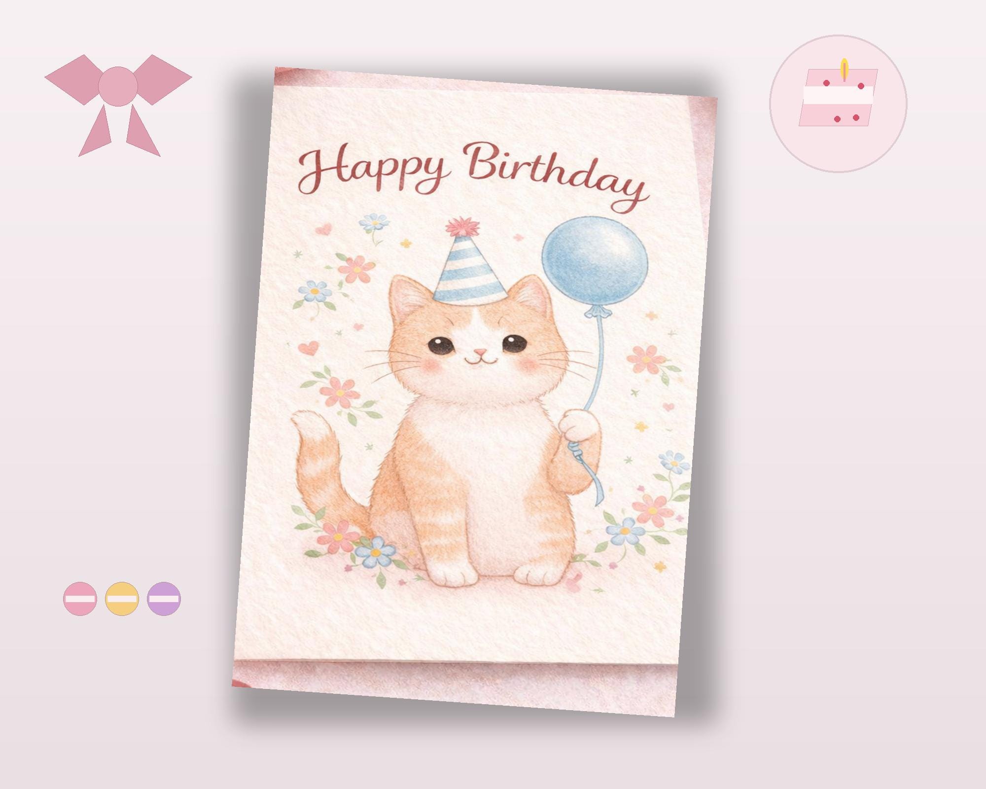 Cute Cat Birthday Card Printable, Pastel Birthday Card, Cat Lover ...