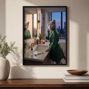 May include: A framed print depicts a cat in a green robe in a bathroom, looking in a mirror. The cat is holding its paw to its face. A sink, jade rollers, and skincare products are visible. The background shows a city skyline.