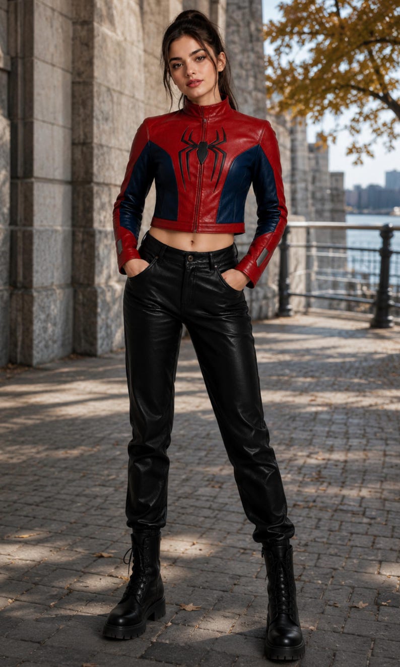 Puede incluir: Chaqueta de cuero roja y azul con un emblema de ara&ntilde;a negra en el pecho. La chaqueta tiene cuello alto y cierre de cremallera. El modelo lleva pantalones de cuero negros y botas negras.