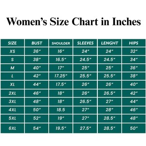 May include: A size chart in inches for women's clothing, with measurements for bust, shoulder, sleeves, length, and hips. Sizes range from XS to 6XL, with corresponding measurements in inches for each size.