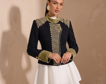 Chic Retro Military Jacket, Embroidered Shoulder Women Fashion Coat, Elegant Slim Fit Short Blazer