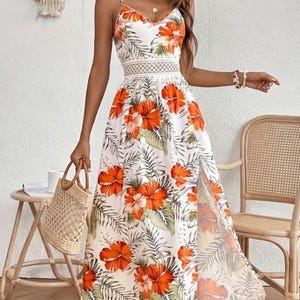 Tropical Print Lace Patchwork Maxi Dress – Slim Fit Summer Beach Vacation Outfit