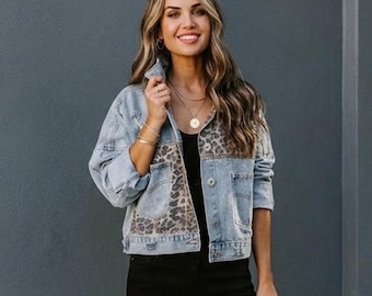 Women’s Denim Leopard Print Jacket, Baggy Oversized Jean Jacket, Trendy Casual Outerwear