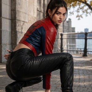 Puede incluir: Una chaqueta de cuero roja y azul con un dise&ntilde;o de ara&ntilde;a en la espalda. La chaqueta se combina con pantalones de cuero negros y botas negras. La modelo est&aacute; agachada sobre una superficie de ladrillos.