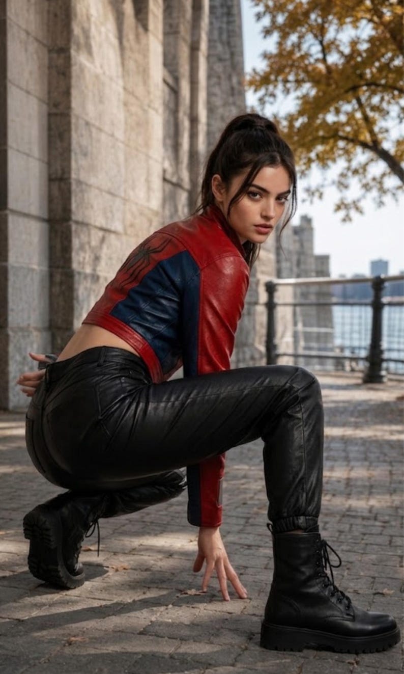 Puede incluir: Una chaqueta de cuero roja y azul con un dise&ntilde;o de ara&ntilde;a en la espalda. La chaqueta se combina con pantalones de cuero negros y botas negras. La modelo est&aacute; agachada sobre una superficie de ladrillos.