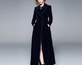 Velvet Maxi Coat Women, Royal Blue Luxury Winter Coat, Elegant Evening Wear