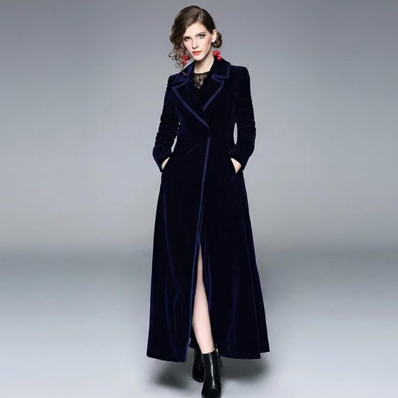 Velvet Maxi Coat Women, Royal Blue Luxury Winter Coat, Elegant Evening Wear