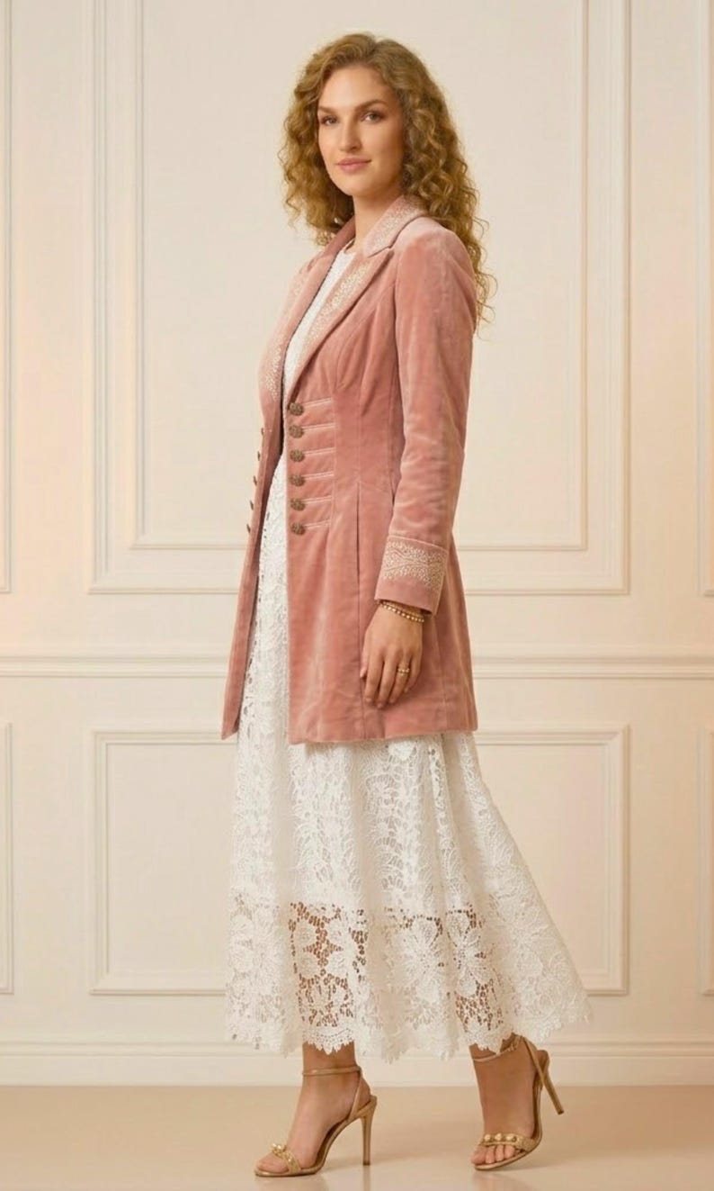 May include: A dusty rose velvet coat with ornate button details and embroidered cuffs. The coat is paired with a white lace dress and gold heels. The outfit is elegant and suitable for special occasions.