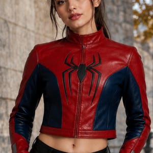 Puede incluir: Chaqueta de cuero roja y azul marino con un emblema de ara&ntilde;a negra en el pecho. La chaqueta tiene un cuello alto y un corte corto. Las mangas tienen paneles azul marino y pu&ntilde;os rojos. La modelo lleva pantalones de cuero negros.