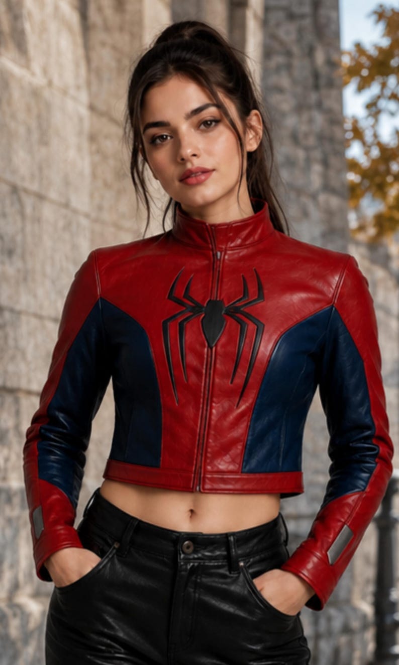 Puede incluir: Chaqueta de cuero roja y azul marino con un emblema de ara&ntilde;a negra en el pecho. La chaqueta tiene un cuello alto y un corte corto. Las mangas tienen paneles azul marino y pu&ntilde;os rojos. La modelo lleva pantalones de cuero negros.