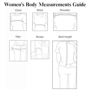 May include: A black and white diagram titled "Women's Body Measurements Guide" showing how to measure chest, waist, shoulder, hips, biceps, and back length. Each measurement is illustrated with a line drawing.
