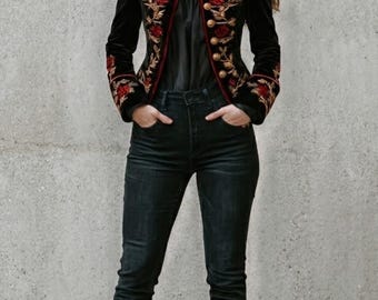 Vintage Velvet Blazer, Women’s Double-Breasted Cropped Jacket with Red & Gold Floral Embroidery