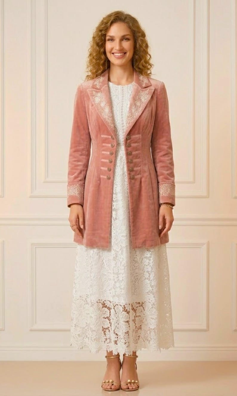 May include: A dusty rose velvet coat with ornate embroidery on the collar and cuffs. The coat features a row of buttons down the front and is worn over a white lace dress. The outfit is completed with gold-colored sandals.