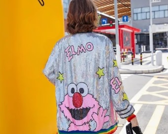 Sequin Elmo Cartoon Jacket: Punk Streetwear Fashion Coat