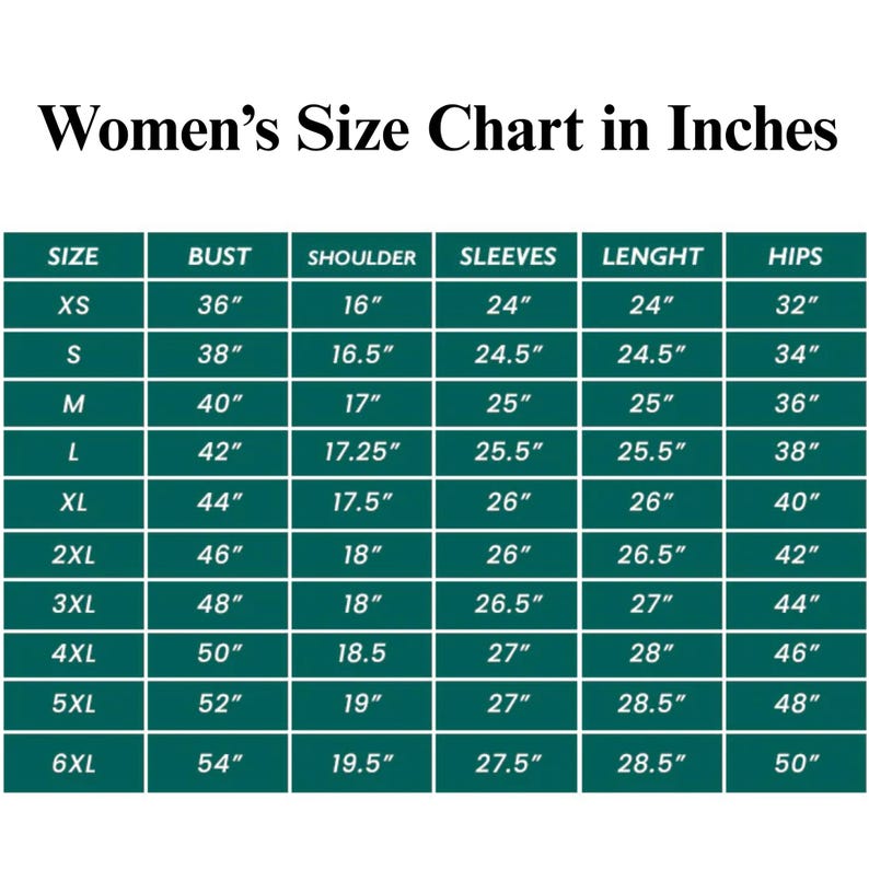 Puede incluir: Tabla de tallas de ropa de mujer en pulgadas, con medidas de busto, hombros, mangas, largo y caderas. Las tallas van de XS a 6XL, con las medidas correspondientes en pulgadas.