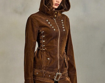 Vintage Corduroy Knight Jacket, Detachable Hood, Gothic Streetwear Coat