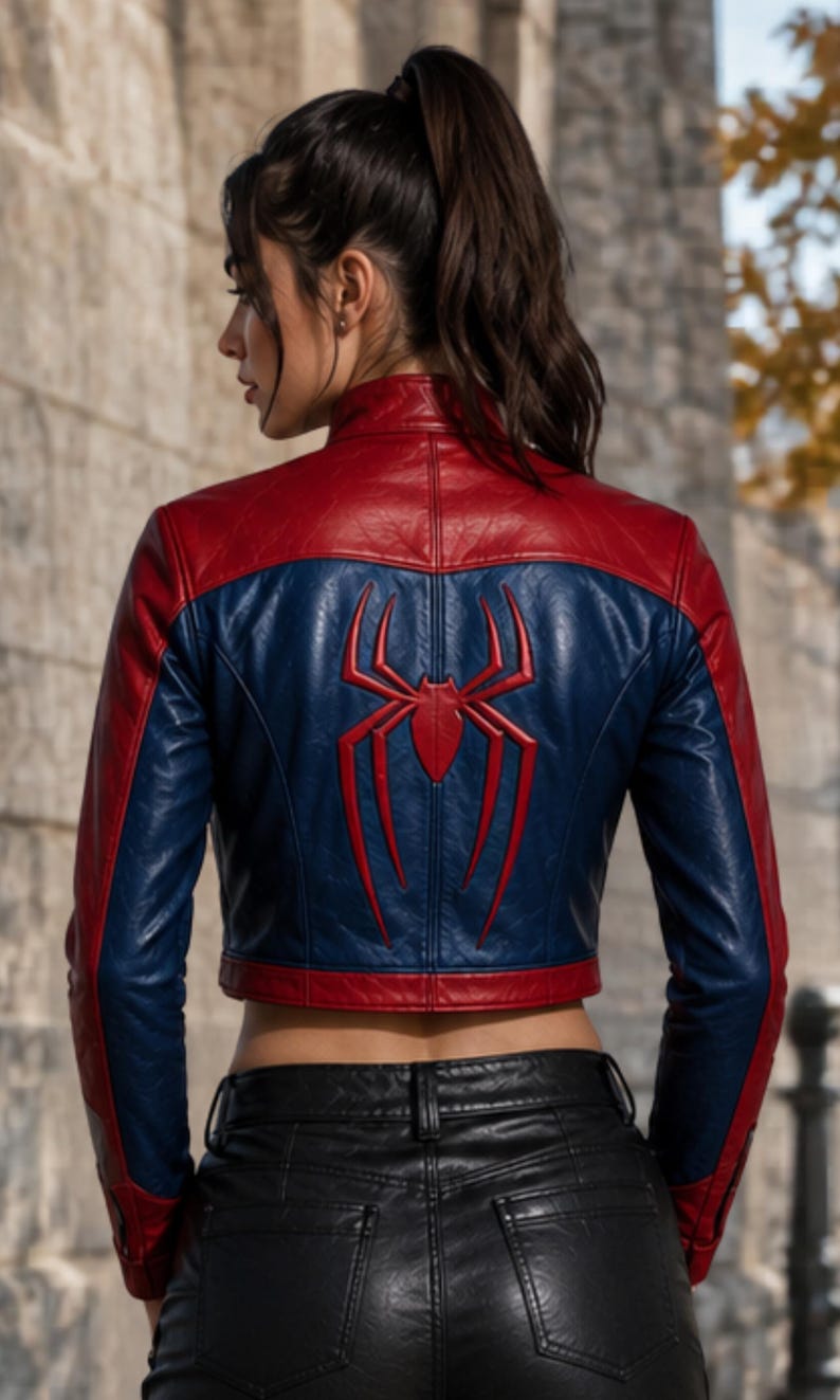 Puede incluir: Chaqueta de cuero roja, azul y negra con un emblema de ara&ntilde;a en la espalda. La chaqueta tiene un dise&ntilde;o recortado y un cuello alto. La chaqueta se usa con pantalones de cuero negros.