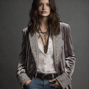 May include: A gray velvet blazer with embroidered floral detailing on the lapels and cuffs. The blazer is worn over a white button-down shirt and blue jeans. A brown leather belt and layered necklaces complete the look.