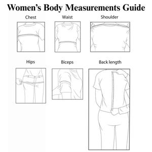 Puede incluir: Un diagrama en blanco y negro titulado "Women's Body Measurements Guide" que muestra c&oacute;mo medir el pecho, la cintura, los hombros, las caderas, los b&iacute;ceps y la longitud de la espalda. Cada medida se ilustra con un dibujo lineal.