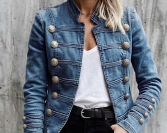 Women's Military Denim Jacket – Gothic Steampunk Button Coat, Tailored Streetwear Outerwear