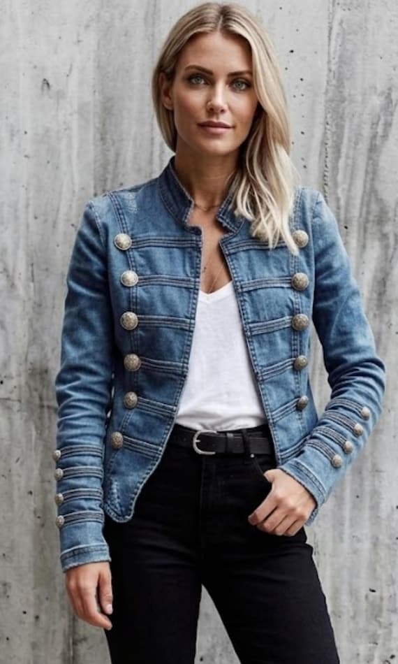 Women's Military Denim Jacket – Gothic Steampunk Button Coat, Tailored Streetwear Outerwear