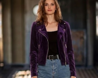 Women's Purple Velvet Biker Jacket – Gothic Punk Moto Coat Alternative Fashion